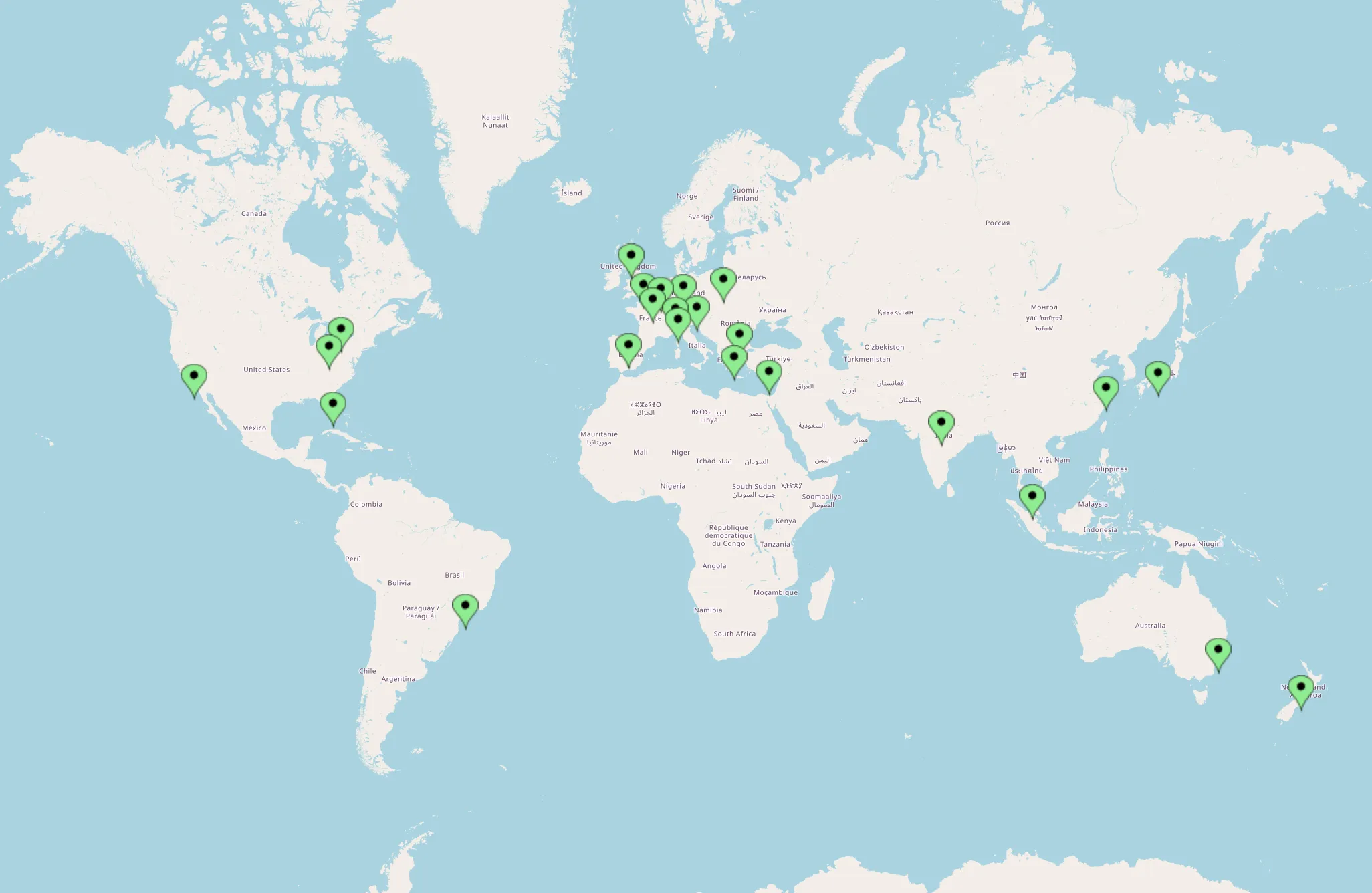 World map showing countries where SXC Group has delivered SAP projects